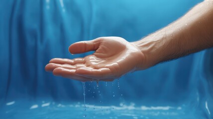 Water droplets fall from cupped hand in close-up motion capture