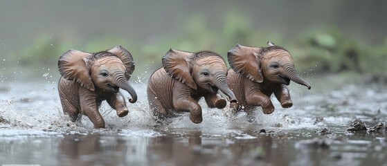 Fototapeta premium Three baby elephants playfully run through shallow water, splashing and frolicking. Their joyful expressions and energetic movements create a captivating scene of youthful exuberance