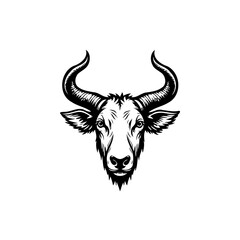 Monochrome stylized bull head with prominent horns on a light background