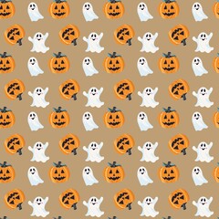 Fototapeta premium Cartoon Halloween seamless pattern with smiling jack-o'-lanterns and friendly ghosts on white, perfect for wrapping paper and kids decor