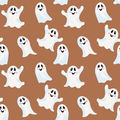 Seamless Halloween background with playful ghosts and carved pumpkins in flat cartoon style, perfect for stickers, fabric, or stationery