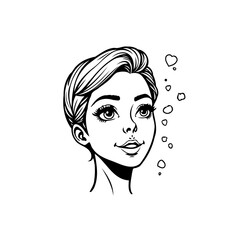 Stylized monochrome portrait of a woman gazing upwards with heart shapes