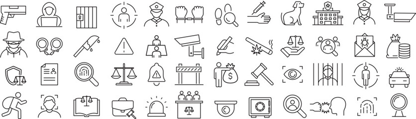 ベクターでモノクロの犯罪に関する線画アイコンセット
