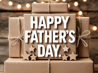 happy Fathers Day kraft gift boxes with twine wooden stars and glowing lights for warm rustic celebration background