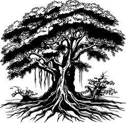 Black silhouette vector illustration of a tree with detailed roots, a drawing representing nature and the forest