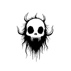Spooky artistic skull illustration with horns and eerie hair in monochrome