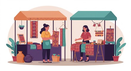 Woman Selling Colorful Woven Crafts at Outdoor Market Booth