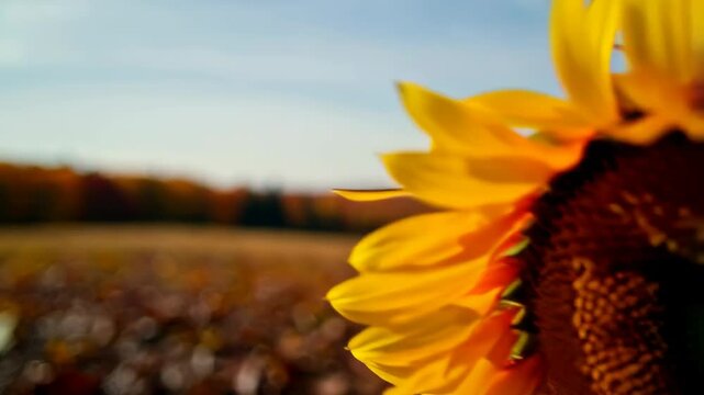 Close-up of a bright yellow sunflower blooming in a field with fall colors and leaves covering the ground.