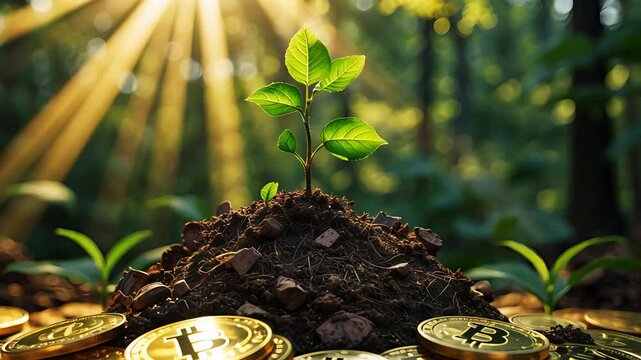 Young green plant growing from soil surrounded by gold bitcoins in a sunlit forest with rays of morning light beaming through the trees

