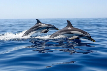 Fototapeta premium Two dolphins playfully swimming together in calm ocean waters during a sunny day near the coast