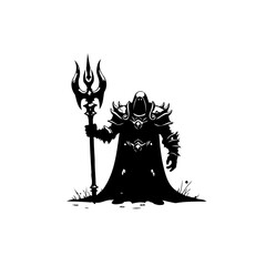 Shadowclad warrior silhouette, commanding presence with trident symbol of authority