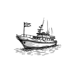 Elegant monochrome illustration of a motor yacht sailing through calm waters