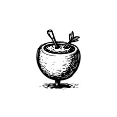 Hand-drawn illustration of a beverage served in a rustic wooden vessel