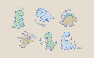 Cute Cartoon Dinosaur Collection – Kawaii Dino Kid Vector Set with Names © fathurdavega