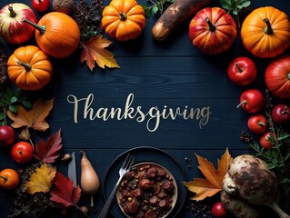 Rustic navy table adorned with Thanksgiving produce and elegant lettering, autumnal feast layout from above ,  autumn,  seasonal