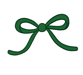 Minimalistic green ribbon bow in hand-drawn cartoon style, decorative cute element for festive design, isolated on white background