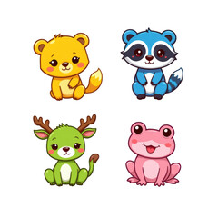 Obraz premium Four cute cartoon animals sitting happily with bright colors and big eyes, including bear, raccoon, deer, and frog