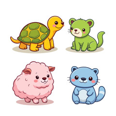 Four cute cartoon animals including turtle, green cat, pink sheep, and blue raccoon with happy expressions