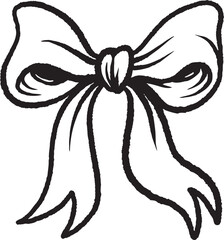 Hand-drawn black and white bow in vintage cartoon style. Elegant ribbon sketch isolated on white background