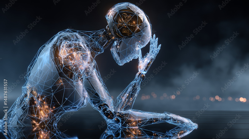 Poster ai artificial intelligence. humanoid robot. futuristic technology. low poly wireframe with connected