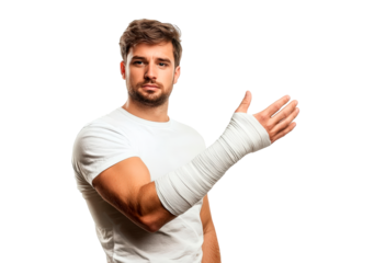 Young man with a bandaged hand isolated on transparent background