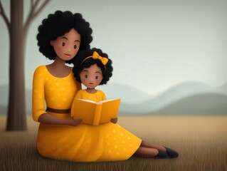 A loving mother reads a story to her joyful child in a serene landscape adorned with warm tones and gentle hills inspiring imagination, connection, and shared moments of happiness