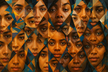 Abstract collage of a woman's face in geometric triangular fragments with overlapping reflections and serious expressions, symbolizing identity, emotion, diversity, and introspection

