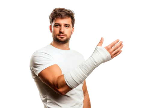 Young man with a bandaged hand isolated on transparent background