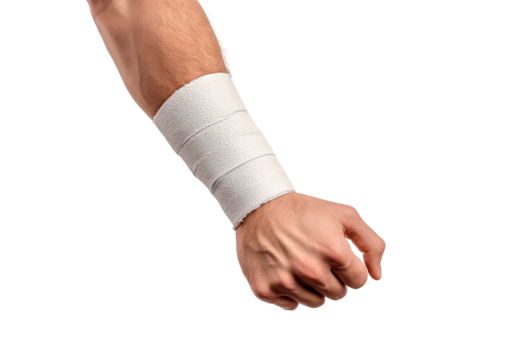 Injured hand with medical bandaging isolated on transparent background