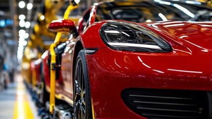 A red car is on a conveyor belt in a factory