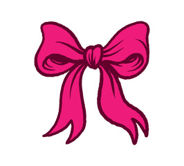 Pink hand-drawn bow in vintage cartoon style. Elegant satin ribbon clipart isolated on white background