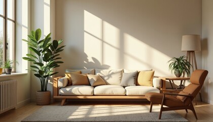 Living Room Sofa with Cushions and Plants
