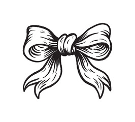 Vintage style black and white ribbon bow in detailed engraving sketch technique. Isolated on white background