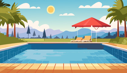 Naklejka premium A detailed pixel art illustration depicting a serene swimming pool surrounded by lush palm trees, with magnificent mountains visible in the background