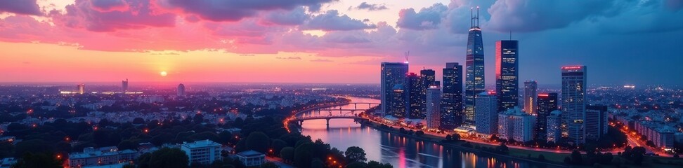 Fototapeta premium Modern art gallery, city panorama, blank banner , abstract, backdrop, interior