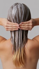 Wet blonde woman in towel after hair care with minimal textured backdrop