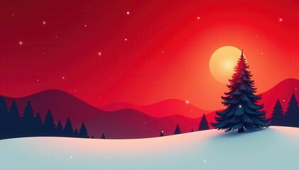 Fototapeta premium Red gradient sky with stylized vector Christmas tree in horizontal banner format , holiday, clean