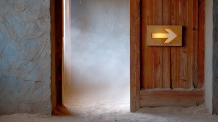 Abandoned Fire Exit Sign Covered in Dust and Cobwebs in Doorway