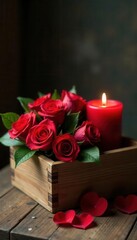 Rustic wooden box, red roses & pillar candle, heartfelt memorial display, candle, heartfelt