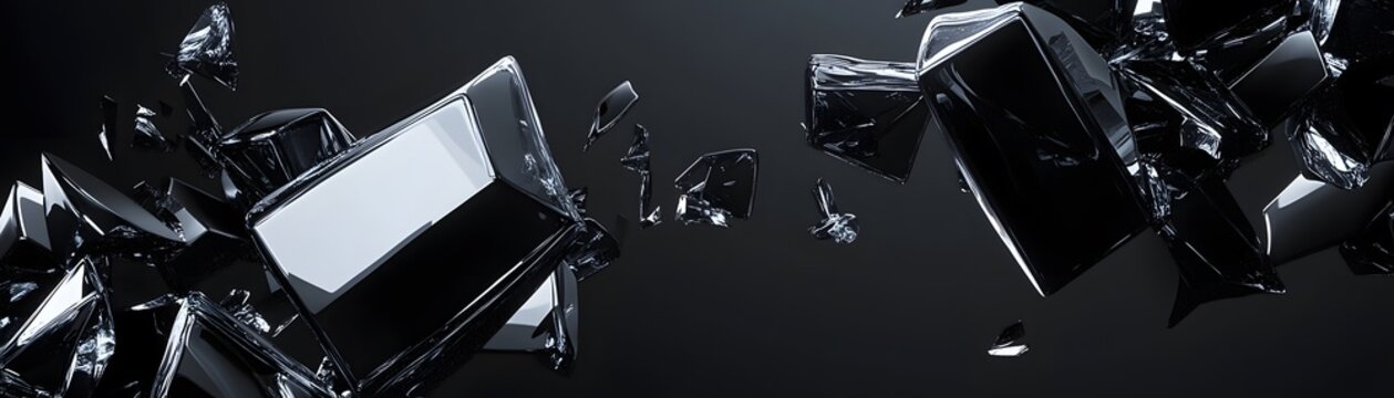 Shattered dark shapes against a dark background