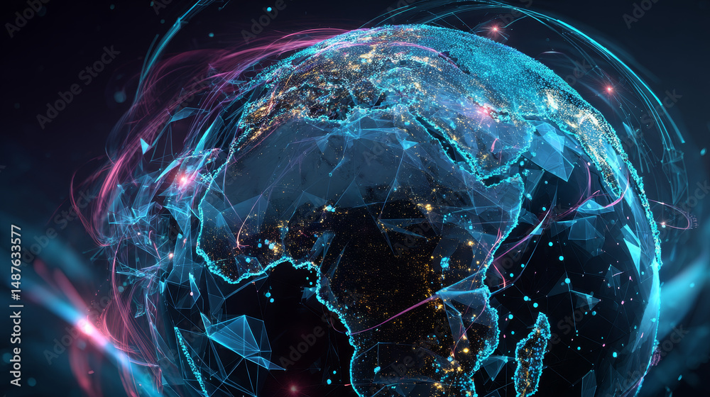Poster ai technology text over globe with digital data and connection arrows on dark background