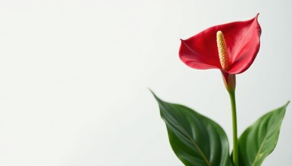 Fototapeta premium Single vibrant red anthurium, stark white Bold color, clean aesthetic, spacious , white, decor, vibrant