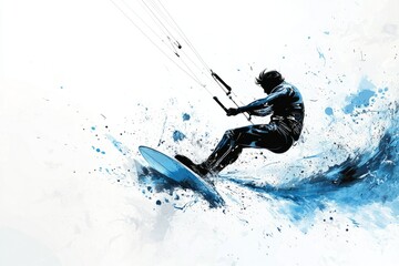 Naklejka premium High-detail vector of a kitesurfer mid-jump, with dynamic motion lines and splashes of water, vibrant blues and whites, natural color, minimalism, stock vector