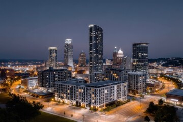 Obraz premium Captivating urban skyline at twilight showcasing modern architecture illuminated by city lights against a dramatic night backdrop reflecting innovation and lifestyle choices