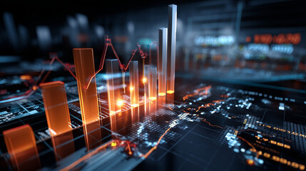 Digital 3D Stock Market Analysis with Growth Charts and Financial Investment Data.