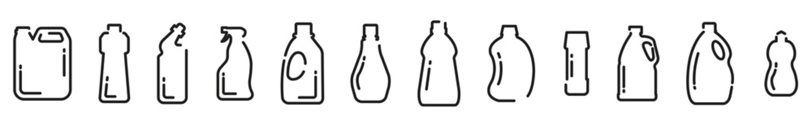Detergent bottles. Chemical clean bottles. Bleach bottle icon set. Vector illustration