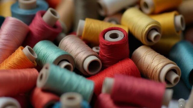 Threads in spools for dressmaker. Collection of colorful threads. Sewing tools. Background of colorful bobbins. Close-up. Hobbies and handicraft concept. Vertical