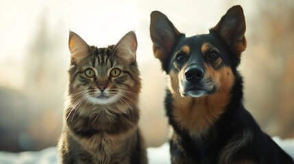 Cat and Dog Portrait Outdoors