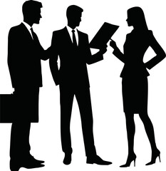 Vector silhouette of two businesspeople standing and discussing a document or report, one pointing at paper, clean black vector on white background, professional office scene