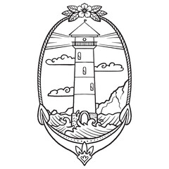 Handdrawn lighthouse in seascape with waves and clouds, floral decorative frame, black and white lineart, isoleted on white background